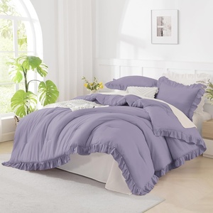 image:imageQueen Comforter Set Pink Bow amp Ruffle Bedding 3 Pieces  White with Green Leaf Floral Print Farmhouse Romantic Bedding Set90x90 InchPurple