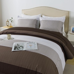 image:imageStripe Comforter Set Queen 3PCS Navy Blue Bedding  Patchwork Comforter Soft Lightweight Bedding Sets1 Comforter 90x90 and 2 Pillowcases All SeasonDark Brown