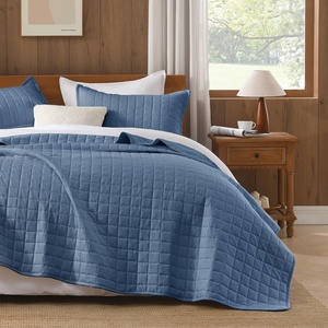 image:image100 Cotton Queen Beige Quilt 3 Piece Striped Quilted Bedding  Soft Lightweight Bedspreads Coverlets Set with 2 Pillow Shams All Season Use Soild Bedding for Bedroom Guest Room 90x96Squarenavy